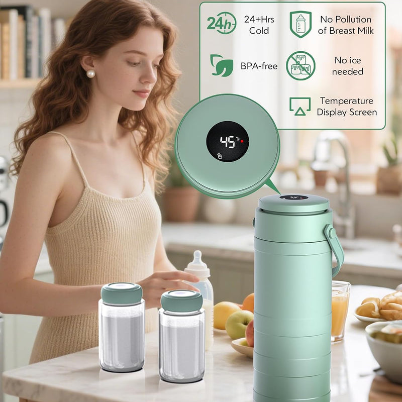Portable Breast Milk Cooler Bottle with Digital Temp Display | 24H 360 Cooling, No Ice Packs Needed, 22oz Capacity with 2 BPA-Free Bottles, CPC Certified, Travel & Commute