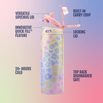 Ello Kids Pop & Fill 18oz Stainless Water Bottle, Sip or Chug, Cheetah | Insulated stainless steel kids water bottle with Quick Fill™ lid, sip straw, chug opening, leakproof lock, and BPA-free