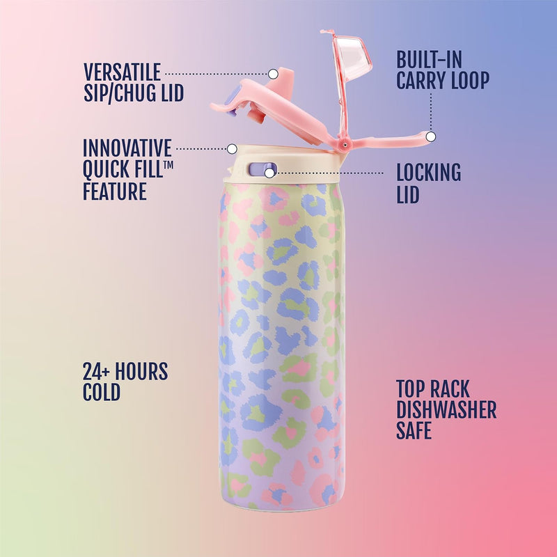 Ello Kids Pop & Fill 18oz Stainless Water Bottle, Sip or Chug, Cheetah | Insulated stainless steel kids water bottle with Quick Fill™ lid, sip straw, chug opening, leakproof lock, and BPA-free