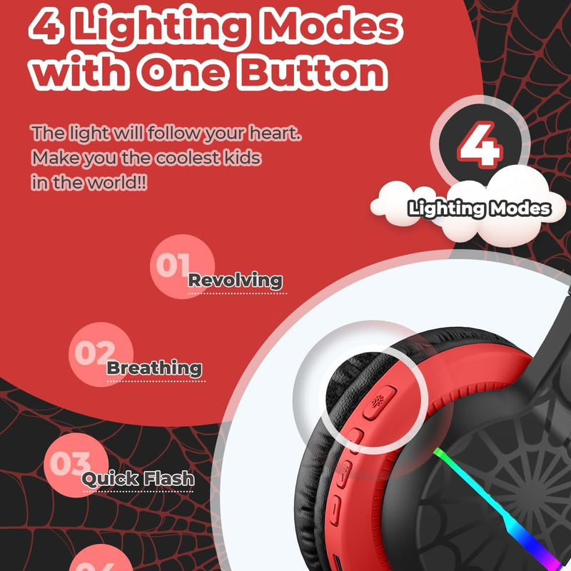iClever BTH12 Kids Bluetooth Headphones 85H Playtime with LED Lights Travel | SafeSound Tech, Stereo Sound, USB C Charging AUX Cable Over Ear Built-in Mic, Kids Wireless Headphones for Toddler Boys Girls