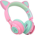 Riwbox CT-7 Cat Ear Kids Bluetooth Headphones, LED Light Up Bluetooth Wireless Over Ear Headphones with Microphone and Volume Control for Travel/School/Smartphones/Laptop/PC/TV (Pink&Green)