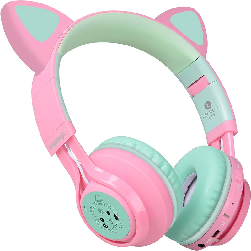 Riwbox CT-7 Cat Ear Kids Bluetooth Headphones, LED Light Up Bluetooth Wireless Over Ear Headphones with Microphone and Volume Control for Travel/School/Smartphones/Laptop/PC/TV (Pink&Green)