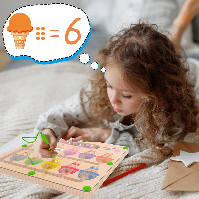 MTYOKILN Montessori Color & Number Maze - Wooden Fine Motor Skills Toys for Boys & Girls 2-4 Years Old - Magnetic Beads Counting Learning Puzzle Board