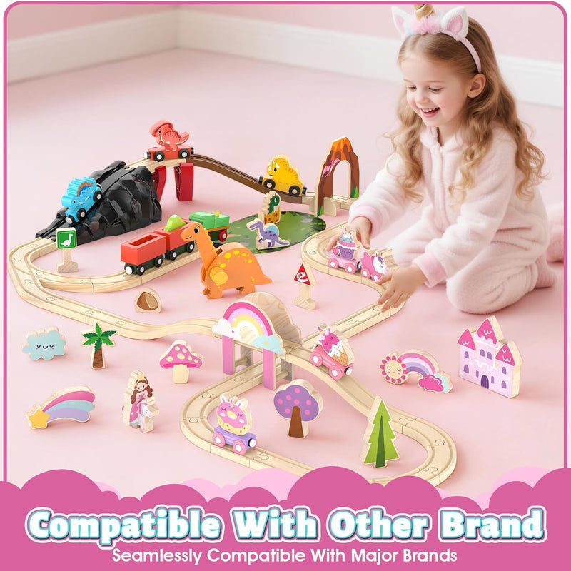 Lehoo Castle Unicorn Train Set for Toddlers 2-4, Wooden Train Track Toy for Girls