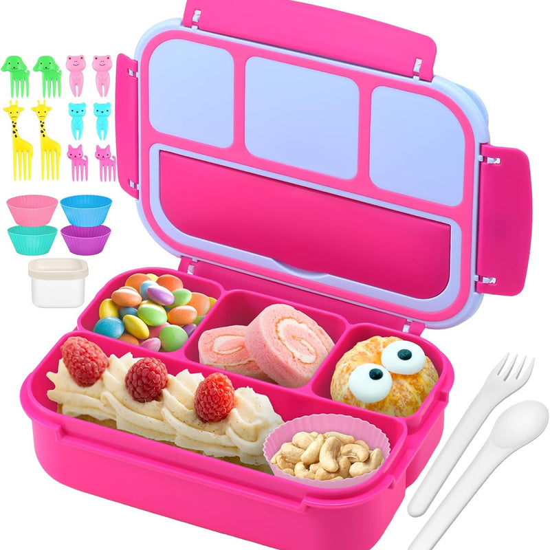 QQKO Bento Lunch Box for Kids Girls Boys, Toddler Kids Lunch Boxes for School, Lunch Containers for Adults with 4 Compartments, Sauce Container, Utensils, Food Picks and Muffin Cups, Purple