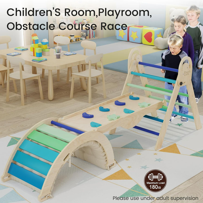 ElegantCrafts Pikler Triangle Set with Cushion, Montessori Climbing Set, Indoor Climb Toys, Indoor Playground Jungle Gyms, 9 Combinations Climbing Toy Set for Toddler, Baby, Kids 1-4