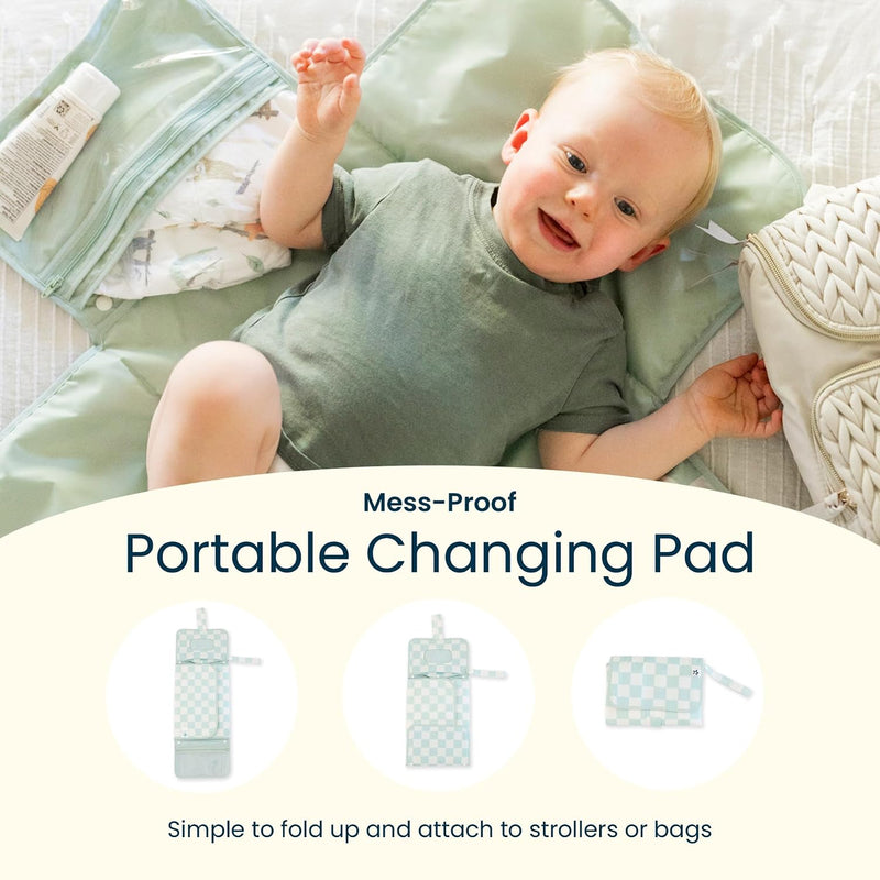 Tiny Twinkle Portable Diaper Changing Pad | Waterproof, Wipeable & Compact Baby Changing Pad for Travel | Smart Wipes Pocket & Organized Storage| Newborn Shower Gift (Beige Checkers)