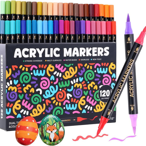 WINSONS 120 Colors Acrylic Paint Marker, Dual Tip and Dual Colors Acrylic Paint Pens for Stone, Wood, Canvas, Ceramic, Metal, Glass, Rock Painting, DIY Crafs Art Supplies (120 Colors)