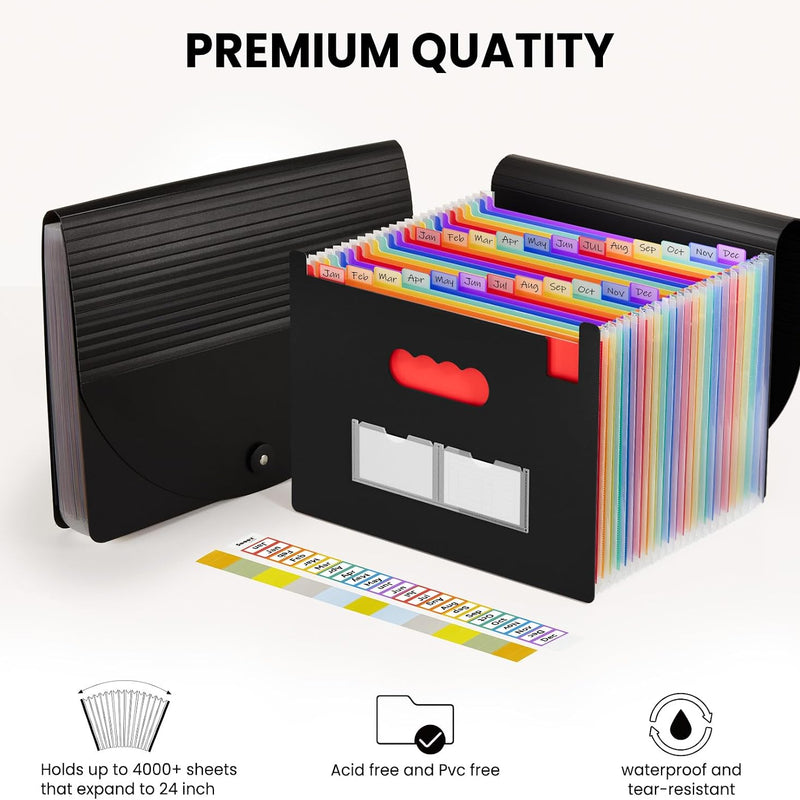 Sooez 24 Pockets Expanding File Folder with Blank Labels, According File Organizer with Expandable Cover, Desktop Accordion Folders Letter A4 Paper Document Storage Organizer, Black