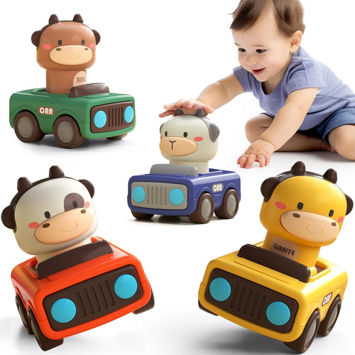 iPlay Press to Go Car Toys for Toddlers 1-3 Years, Baby Animal Racing Cars, High-Quality ABS Materials, No Small Parts