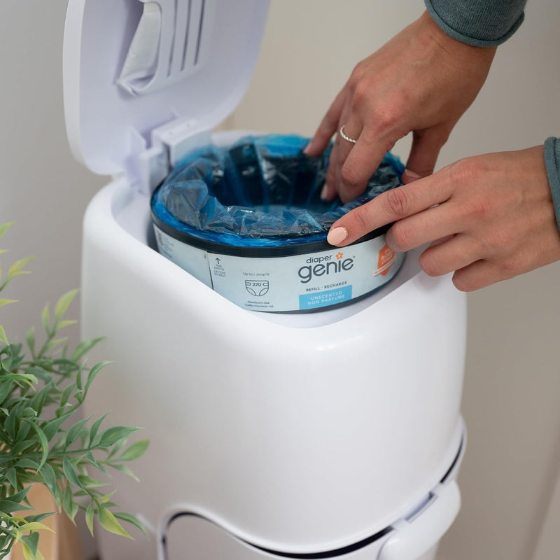 The Diaper Genie Unscented Round Refill 3-pack, with continuous film can hold up to 810 newborn-sized diapers per refill.