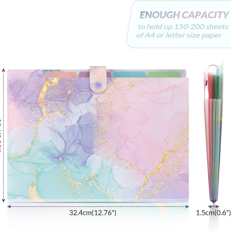 SKYDUE Expanding File Folder with 5 Pockets, Cute Accordion File Organizer, Letter Size Filing Folder, Letter Size Folders for Documents, School Office Supplies Marble Pink
