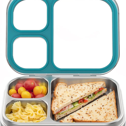 HOMEKOL Stainless Steel Bento Lunch Box, Blue, 3.3Cups | 3-Compartment,Leak-Proof, for Kids & Adults, BPA-Free, Dishwasher Safe, Clear Tritan Lid, 800ml (Not Insulated)