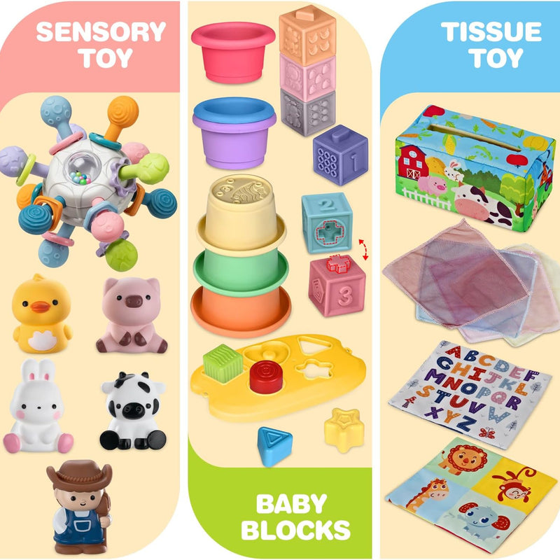 6 In 1 Baby Toys, 6-12 months Baby Toys, Montessori Toddler Gifts Toddlers | 0-6 12-18 Montessori Toddler Toys,Farm Animals Playset & Teething & Stacking Building Block Cup & Tissue Box & Sensory Bin