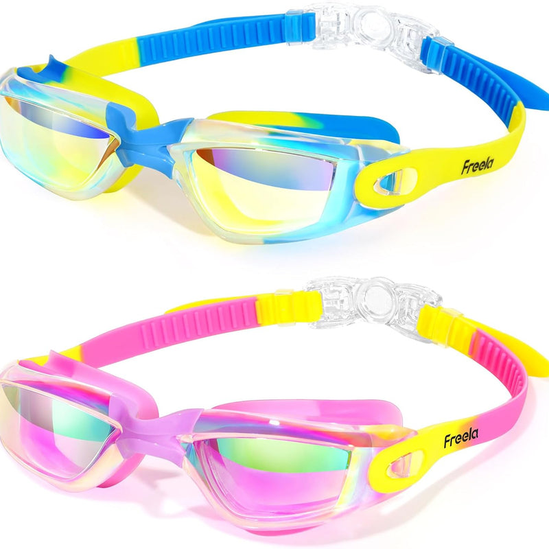 Freela Kids Swim Goggles, 2 Packs Swimming Goggles for Kids 3-14, Boys Girls Swim Goggles Anti Fog UV Protection No Leaking