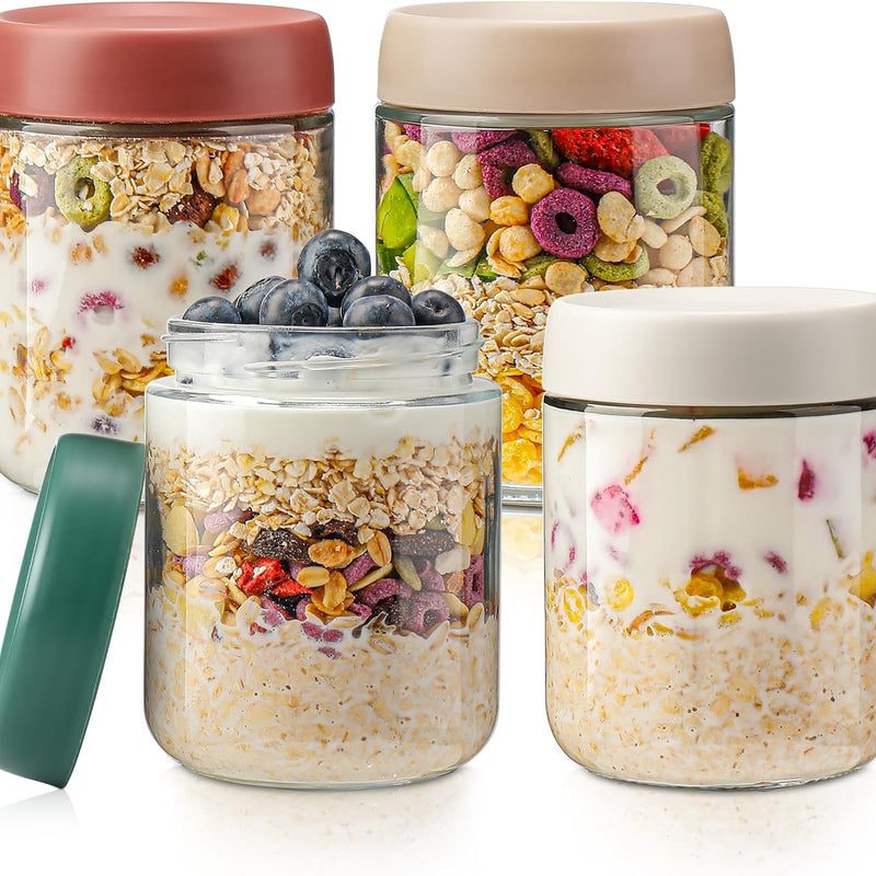 DIMBRAH Overnight Oats Containers with Lids,16oz Glass Jars with Lids - Set Of 4, Practical Oatmeal Container to Go, Chia Seed Pudding Jars, Baby Food Containers