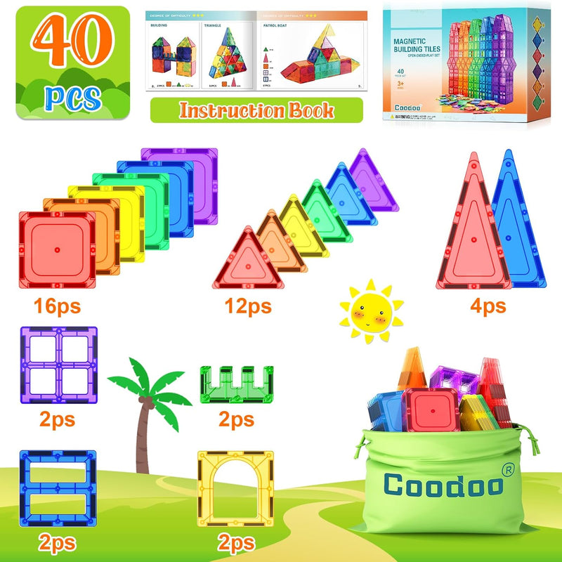 Coodoo Magnetic Tiles Starter Pack for 3+ Year Old Kids, 40PCS, Safe Creativity Toddler Toy with Carrying Bag