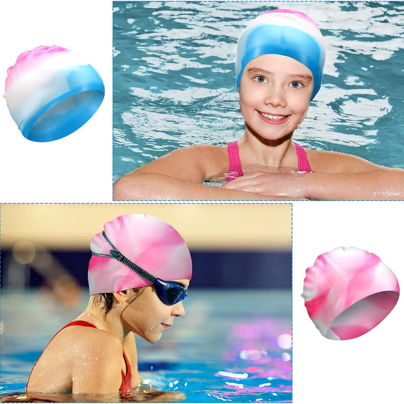 Zhanmai 3 Pieces Kids Swim Caps for Girls Boys Age 4-16 Silicone Swimming Cap Long Hair Teens Youths with Long Curly Hair Braids Dreadlocks Large Waterproof Pool Swim Hat
