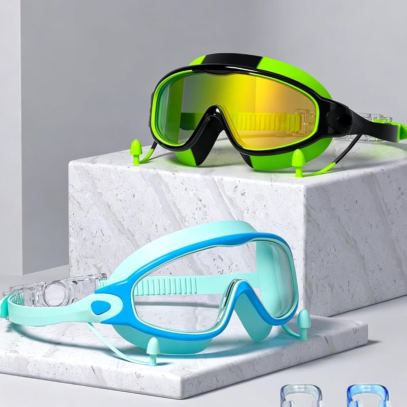 Swim Goggles for Kids 3-15 with Earplugs Large Frame Anti-Fog/UV Swimming Goggles for Boys Girls Toddler 2PCS