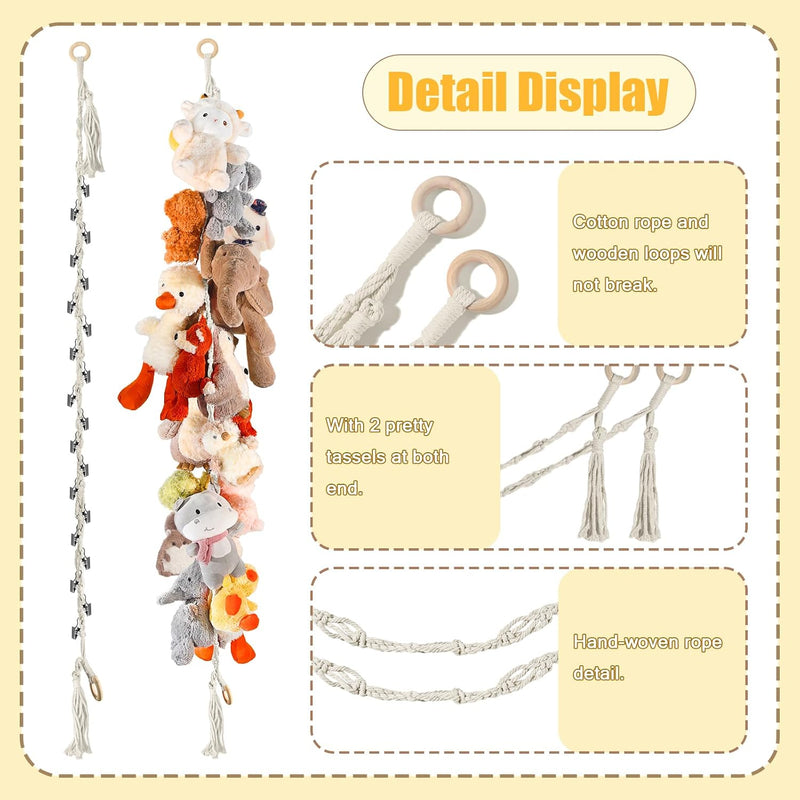 CERETIA 80" 2-Pack Cotton Hanging Storage Chain For Stuffed Animals Storage with 20 Metal Clips, Stuffed Animal Organizer Chain for Wall Corner Nursery Play Room, White