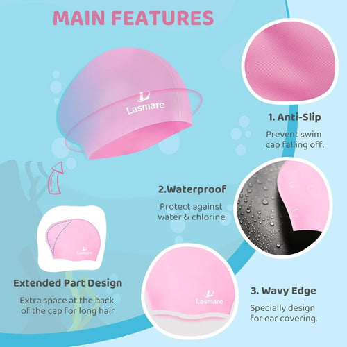 Silicone Swim Cap for Kids with Long Hair, 3 Sizes for Toddlers, Children & Teens Age 1–15, Waterproof Swimming Hat for Girls & Boys