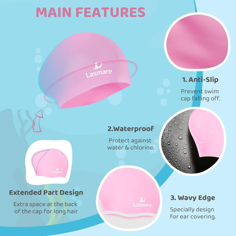 Silicone Swim Cap for Kids with Long Hair, 3 Sizes for Toddlers, Children & Teens Age 1–15, Waterproof Swimming Hat for Girls & Boys