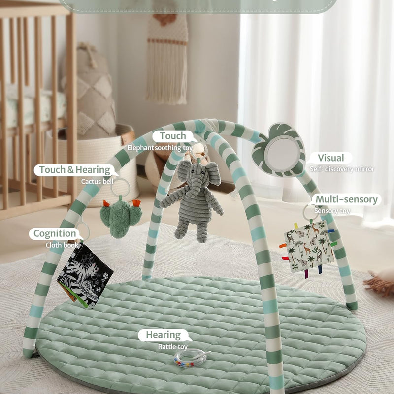 Blissful Diary Sage Green Baby Play Gym Mat with 6 Detachable Toys for Sensory & Motor Skill Development