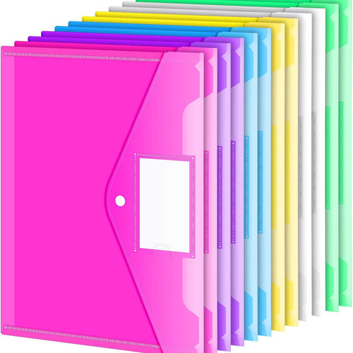 Sooez 12 Pack Folders Plastic Envelopes with Snap Closure, Clear Plastic File Folder for Document, Letter A4 Size Poly File Envelopes with Label Pocket for Home Work Office Organizer, 6 Colors