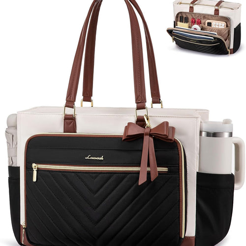 LOVEVOOK Teacher Tote Bag for Women, Work Laptop Bag Gift with Large Cup Holder, Quilted Nurse Bag Diaper Tote with Multi-Pockets, Large Computer Handbag Purse for Bussiness Travel, Office, College