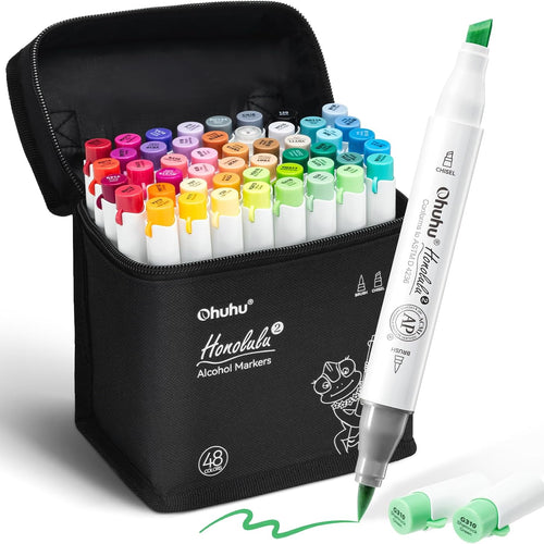 Ohuhu Alcohol Markers Brush and Chisel Tip: 48-Color Double Tipped Art Marker Set for Artist Adults Cozy Coloring Illustrations - Honolulu 2- Brush and Chisel Dual Tips- Refillable - AP Certificated