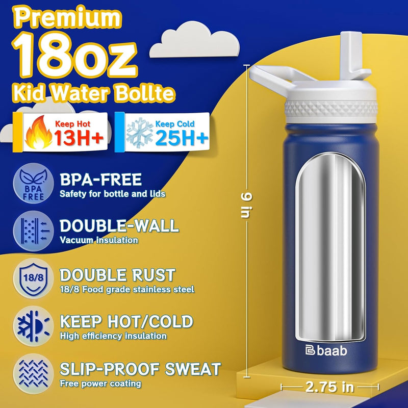 baab 18oz Kids Insulated Water Bottle 18/8 Stainless Steel Straw Cup 2 Pack | BPA-Free, DIY Stickers, Leakproof & Spillproof, Easy to Clean & Carry, Gift for Boy Girl Youth, for School Sport Travel
