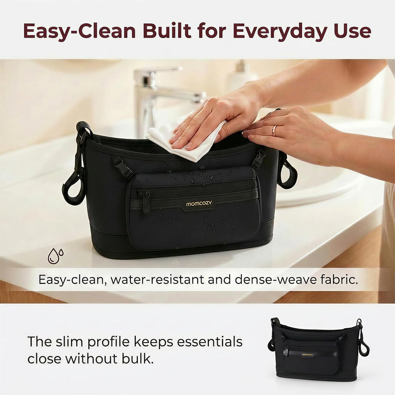 Momcozy Slim Stroller Organizer with 2 Insulated Cup Holders | Non-Slip Silicone Straps with Detachable Mini Pouch, Dense-Weave Parent Console, Fits UPPAbaby, Doona, Graco and More