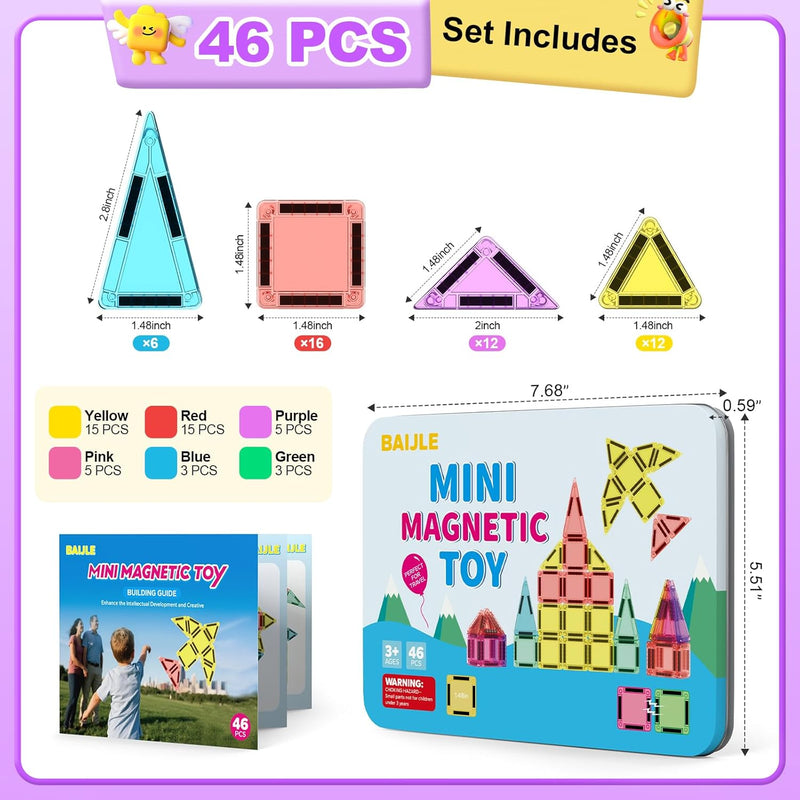 BAIJLE 46PCS Mini Magnetic Tiles, for Kids, Portable Magnetic Toys Travel Set with Iron Case for Kids Ages 4-8,Creativity Boosting Building Toys Set,Toddler Puzzle for Boys and Girls Ages 3+