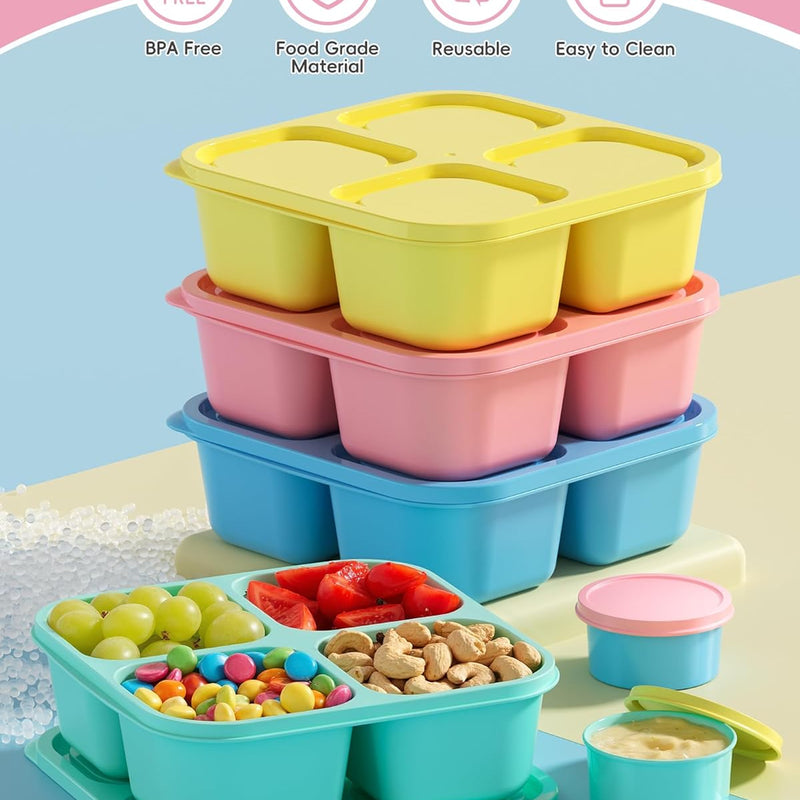 Canfanni 4 Pcs Snack Box Containers Set, Reusable 4 Compartment Lunchable Container with 2Pcs Sauce Containers, Stackable BPA-Free Bento Box for School, Work, Travel (4 Color)