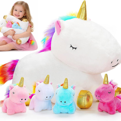 kmuysl unicorn mommy plush toys for girls ages 0-8, soft fabric, 4 baby unicorns, gift box