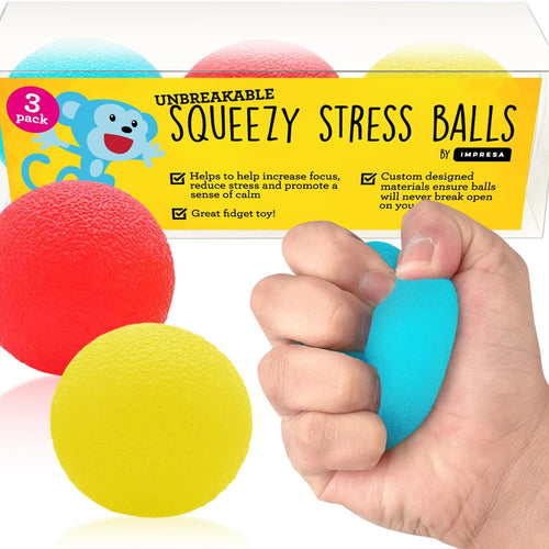 IMPRESA Squishy Stress Ball Set - Sensory Toys for Kids - Fidget Toys for Adults - Tear-Resistant Squeeze Balls for Stress Relief - Pack of 3, Multicolor