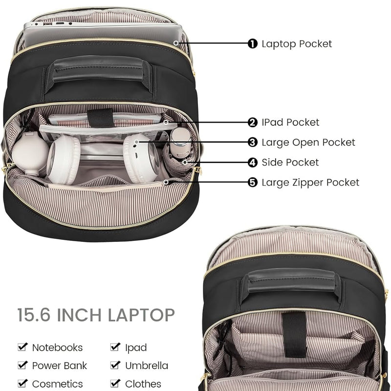 LOVEVOOK Laptop Backpack Purse for Women, Work Travel Computer Bags, College School Backpack for Student Girl, Quilted Casual Daypack with USB Port, Fit 15.6 Inch Laptop, Black