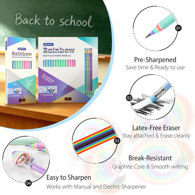 ECOTREE Pre-Sharpened Pencils #2 Cute Number 2 Pencils with Erasers for Kids Eco Rainbow Paper Pencil for School, Writing, 12 Count