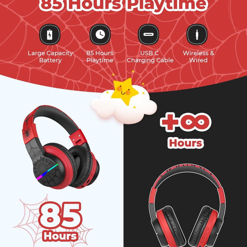 iClever BTH12 Kids Bluetooth Headphones 85H Playtime with LED Lights Travel | SafeSound Tech, Stereo Sound, USB C Charging AUX Cable Over Ear Built-in Mic, Kids Wireless Headphones for Toddler Boys Girls