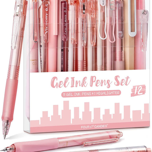 Four Candies Gel Pens, Cute Pink Pens Black Ink, 0.5mm Fine Point, 12-Pack | Back to School Supplies, Office Essentials for Women, Girly Stationery Set, Aesthetic Desk Decor & Accessories - Rose