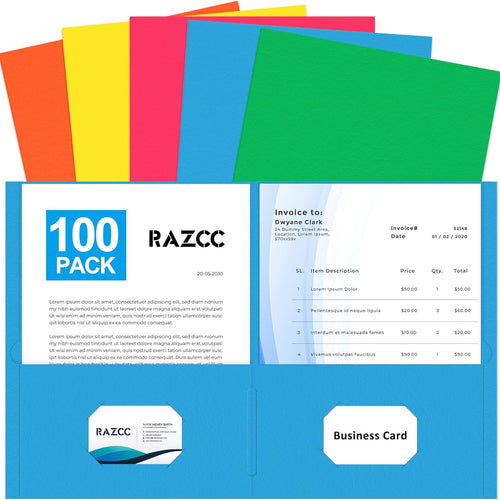 Two Pocket Folders, RAZCC 100 Pack File Folders with Pockets Fit Letter Size Paper, Thick Paper File Folder for School Office Business Home, Assorted 5 Colors