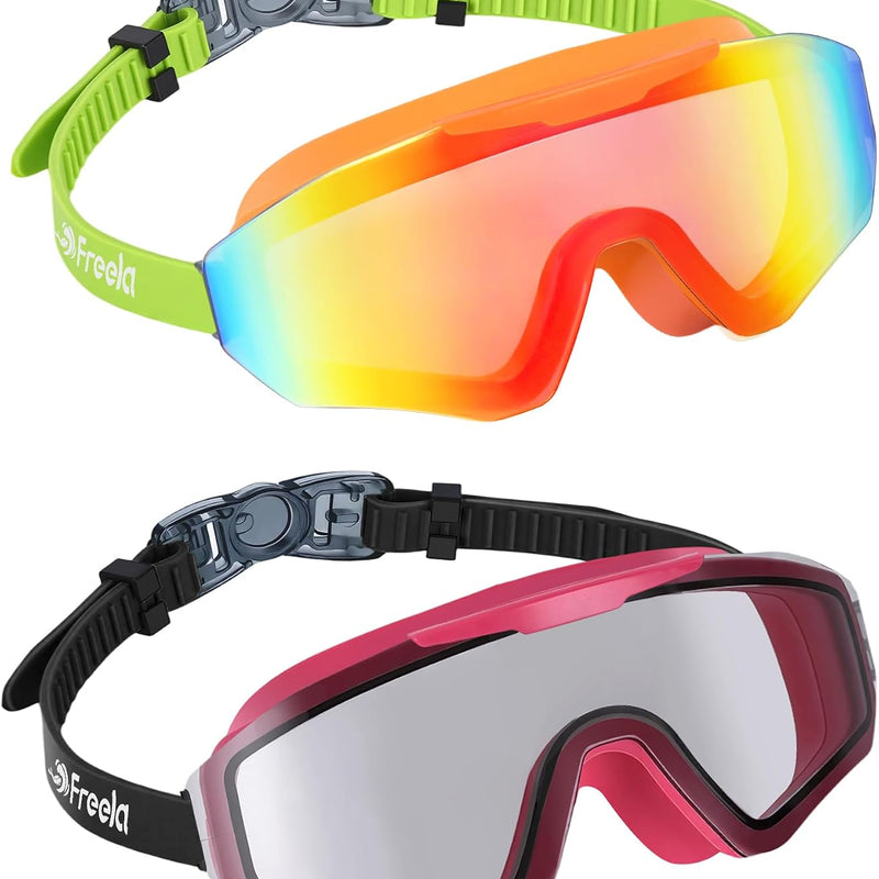 Freela 2 Pack Kids Swim Goggles for 8-16, Anti-Fog UV Protection Extra Silicone Layer Swimming Goggles for Youth Boys Girls