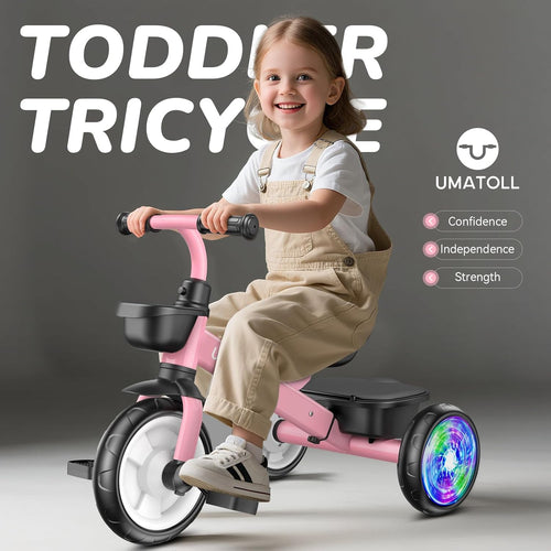 Umatoll Carbon Steel Tricycle for Toddlers 2-5 Years, Adjustable Outdoor Toy with Light-Up Wheels, Stable Ride, Dual Baskets