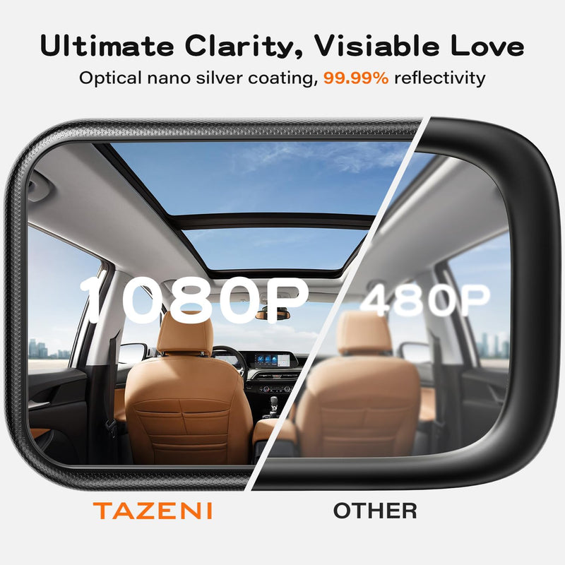 TAZENI Baby Car Mirror for Rear Facing Car Seat, Patented Stable Hook Clip | Shatterproof, 360° Rotation, Crystal Clear View, Easy Install, Crash-tested, Baby Shower Gifts for Infants Safely, Black