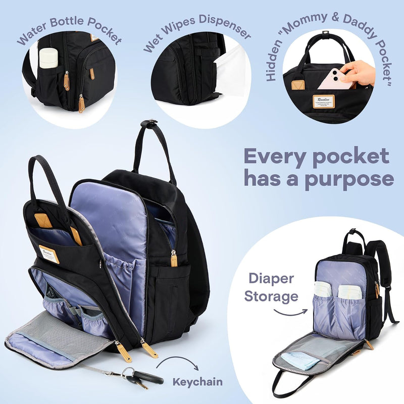 RUVALINO Baby Diaper Bag Backpack with Changing Pad, Baby Shower Gifts | Baby Essentials, Waterproof Travel Baby Bags for Mom Dad Girl Boy, Insulated Bottle Holders, Pacifier Case, Large Capacity