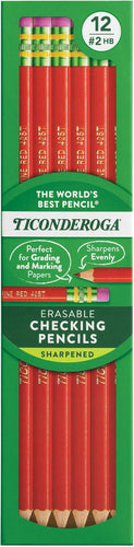 Ticonderoga Erasable Checking Wood-Cased Pencils, Pre-Sharpened, Red, 12 Count