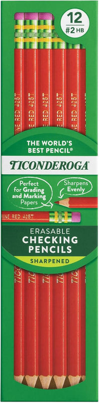 Ticonderoga Erasable Checking Wood-Cased Pencils, Pre-Sharpened, Red, 12 Count