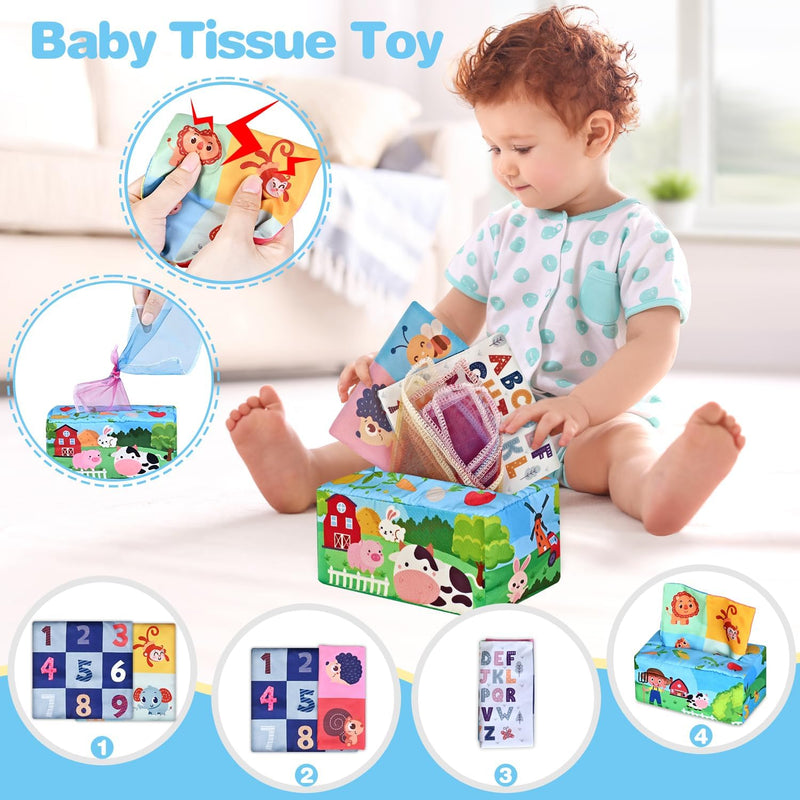 6 In 1 Baby Toys, 6-12 months Baby Toys, Montessori Toddler Gifts Toddlers | 0-6 12-18 Montessori Toddler Toys,Farm Animals Playset & Teething & Stacking Building Block Cup & Tissue Box & Sensory Bin