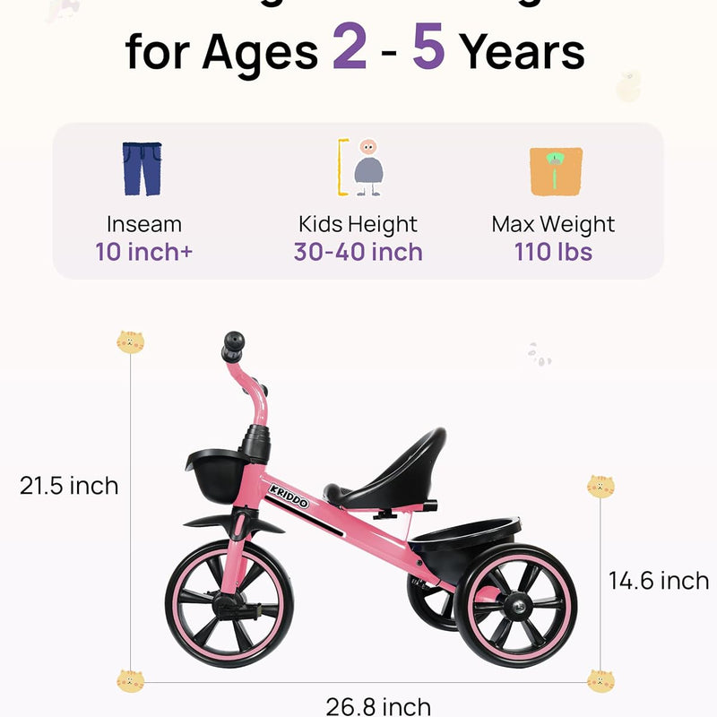 Krido Toddler Tricycle for 2-5 Year Olds - Pink Bike for 24 Month to 4 Year Old Girls and Boys