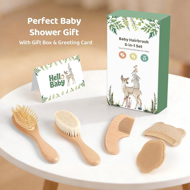 5 Piece Baby Hair Brush Set, Wooden Baby Brush and Comb Set with Natural Soft Goat Hair Bristles, Cradle Cap Brush, Baby Essentials Grooming Kit for Boy Girl